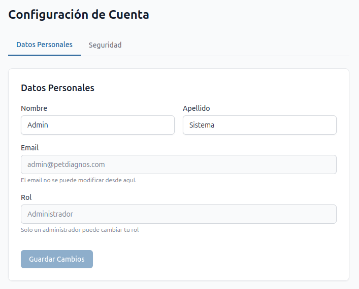 Pestaña Datos Personales — campos editables de Nombre y Apellido, y campos bloqueados de Email y Rol