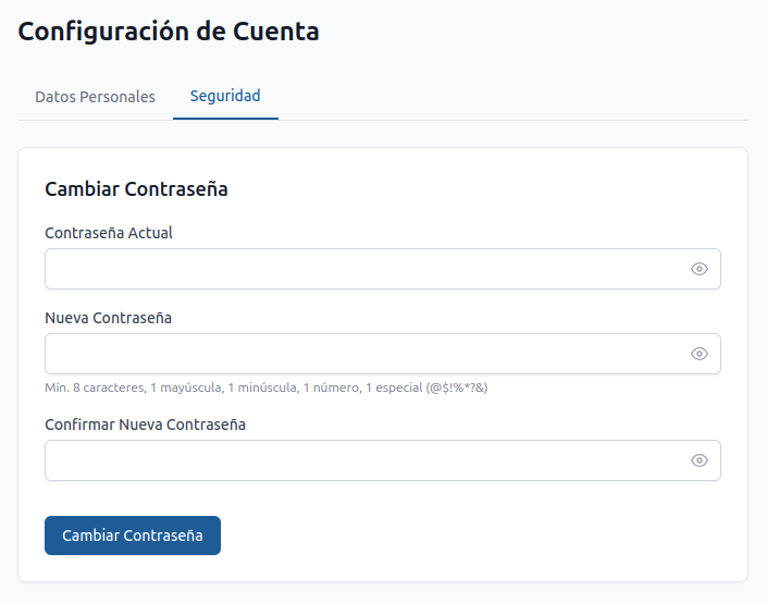 Pestaña Seguridad — tres campos de contraseña y texto de ayuda listando los requisitos exactos