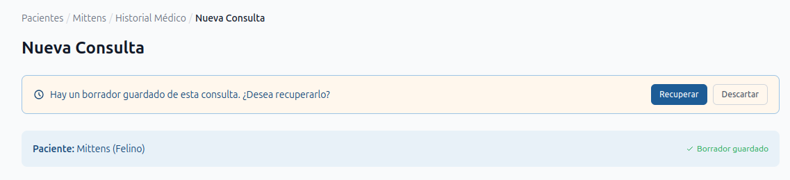 Banner de recuperación de borrador — aviso azul con botones "Recuperar" y "Descartar" en la parte superior del formulario