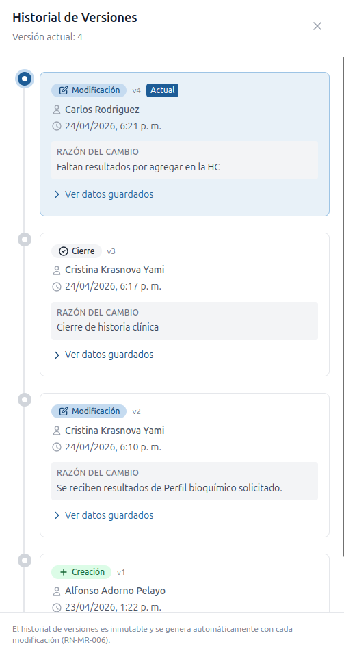 Panel lateral de historial de versiones — lista cronológica con fechas, usuarios y justificaciones de cada cambio