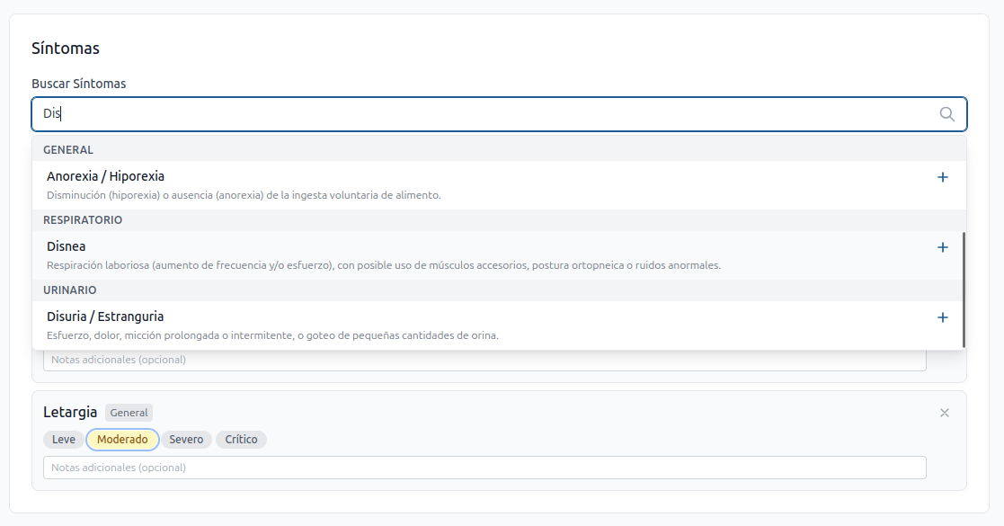 Síntoma seleccionado con selector de severidad en píldoras de colores (Leve/Moderado/Severo/Crítico) y campo de notas de contexto