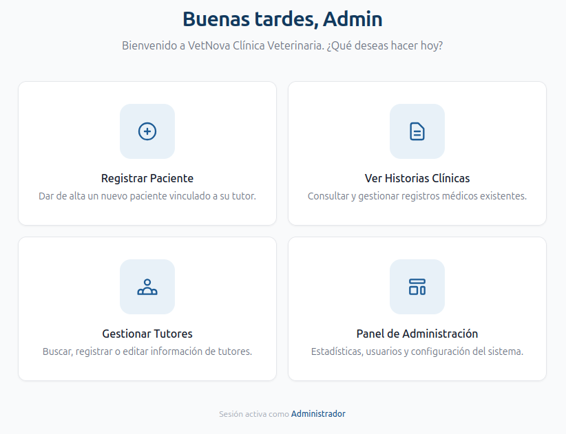 Pantalla de bienvenida — vista del Administrador con las cuatro tarjetas de acciones rápidas
