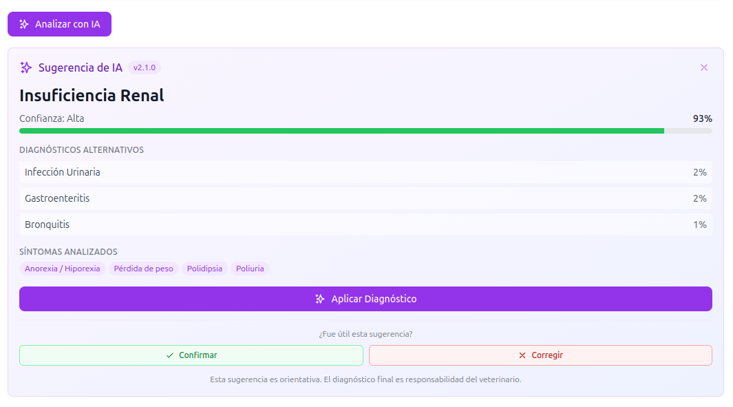 Panel de resultado de diagnóstico IA — diagnóstico sugerido con porcentaje de confianza en verde y botones de retroalimentación