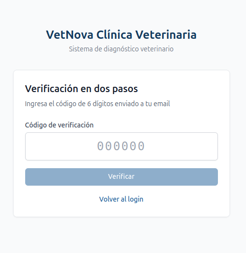 Pantalla de verificación 2FA — campo de 6 dígitos con el mensaje "Ingresa el código de 6 dígitos enviado a tu email"
