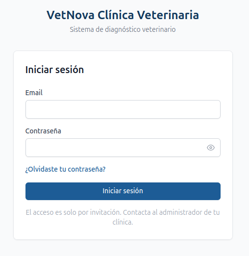 Pantalla de inicio de sesión — campos de correo y contraseña, con el enlace "¿Olvidaste tu contraseña?" visible