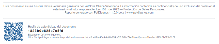 Pie de página del PDF exportado — código QR a la izquierda, sello HMAC y enlace de verificación a la derecha