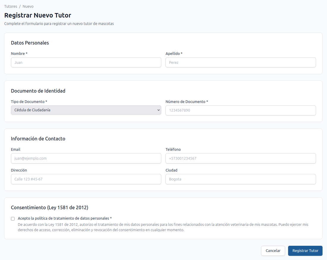 Formulario de nuevo tutor — tipo de documento, número de documento y casilla de consentimiento de tratamiento de datos