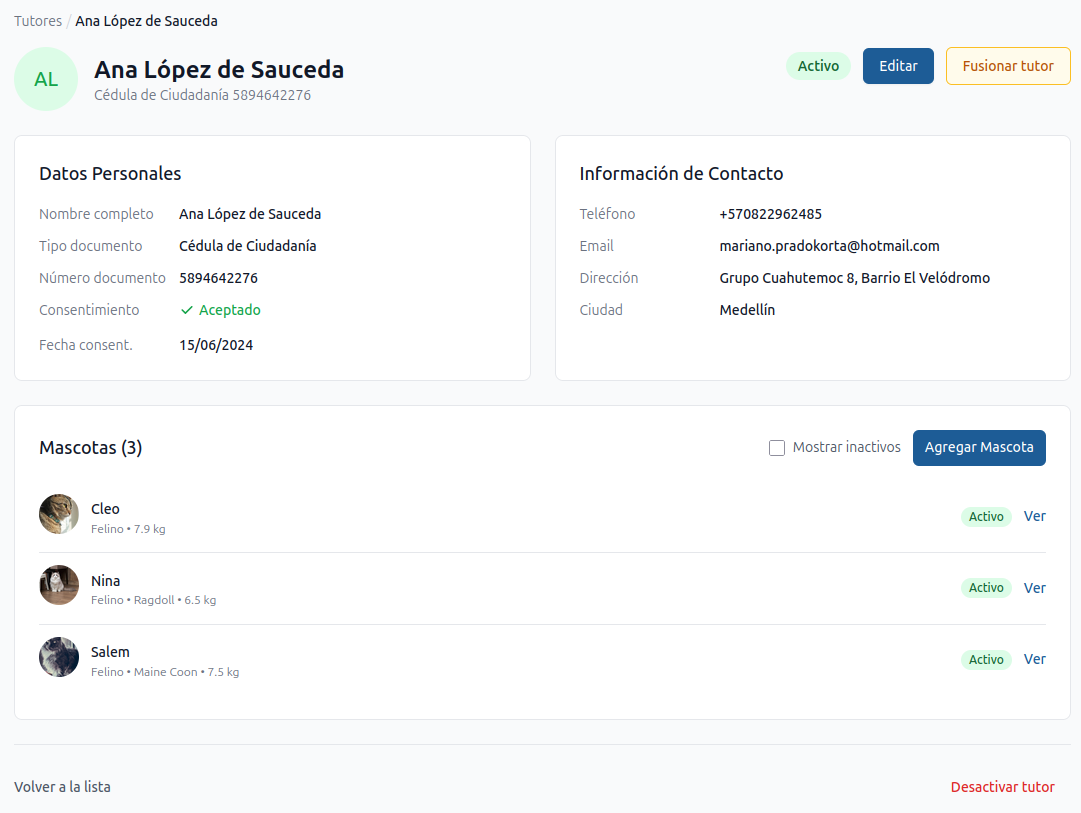 Vista de perfil de tutor — datos completos, mascotas asociadas y acceso a edición