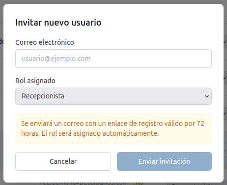 Modal de invitar nuevo usuario — campo de correo, selector de rol y aviso de enlace válido por 72 horas