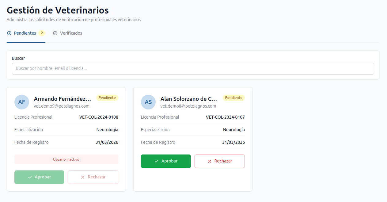 Pestaña Pendientes — cuadrícula de tarjetas de veterinario con nombre, licencia, fecha y botón "Verificar" en verde